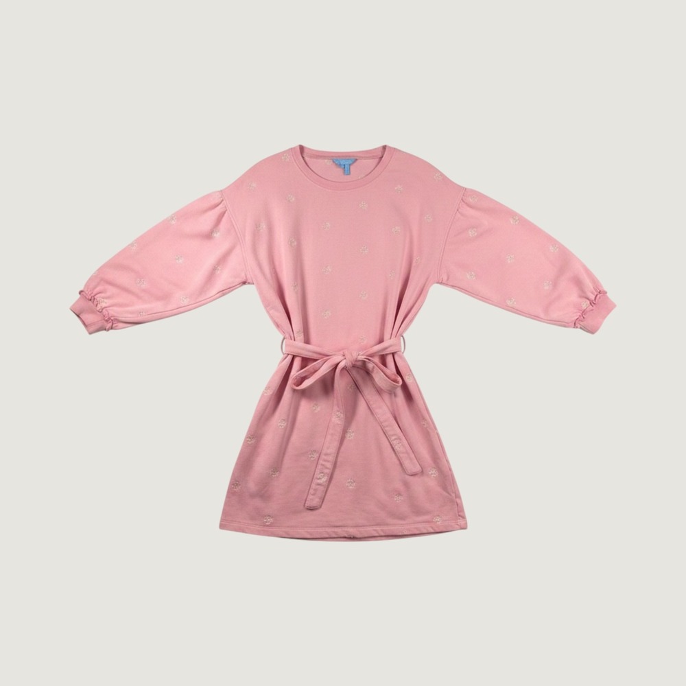 Draper James Pink Embroidered Floral Sweatshirt Dress Tie Waist Ruffle Cuff L